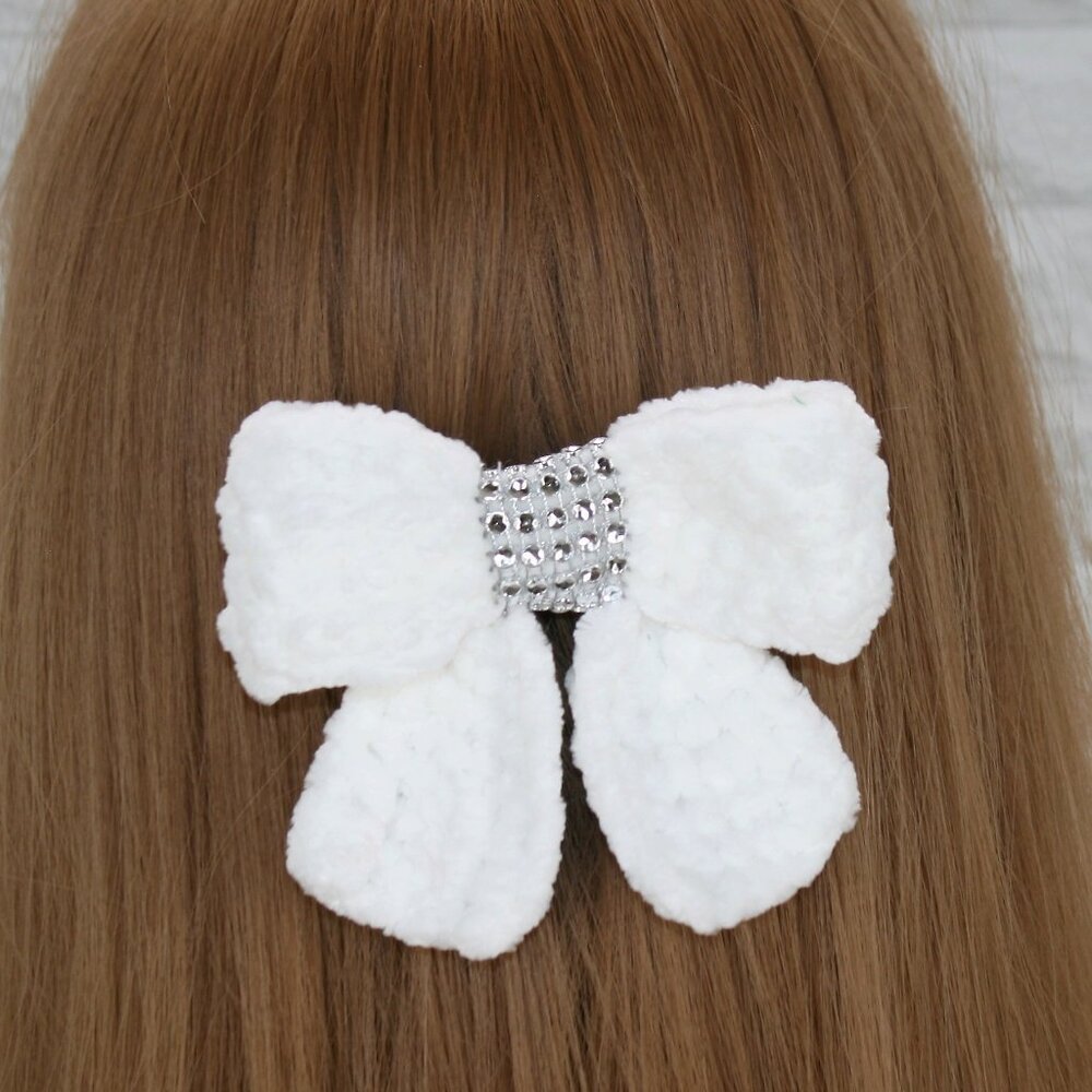 HAND CRAFTED Crochet Bow Chenille Velvet Hair Barrette Oversized Bling White